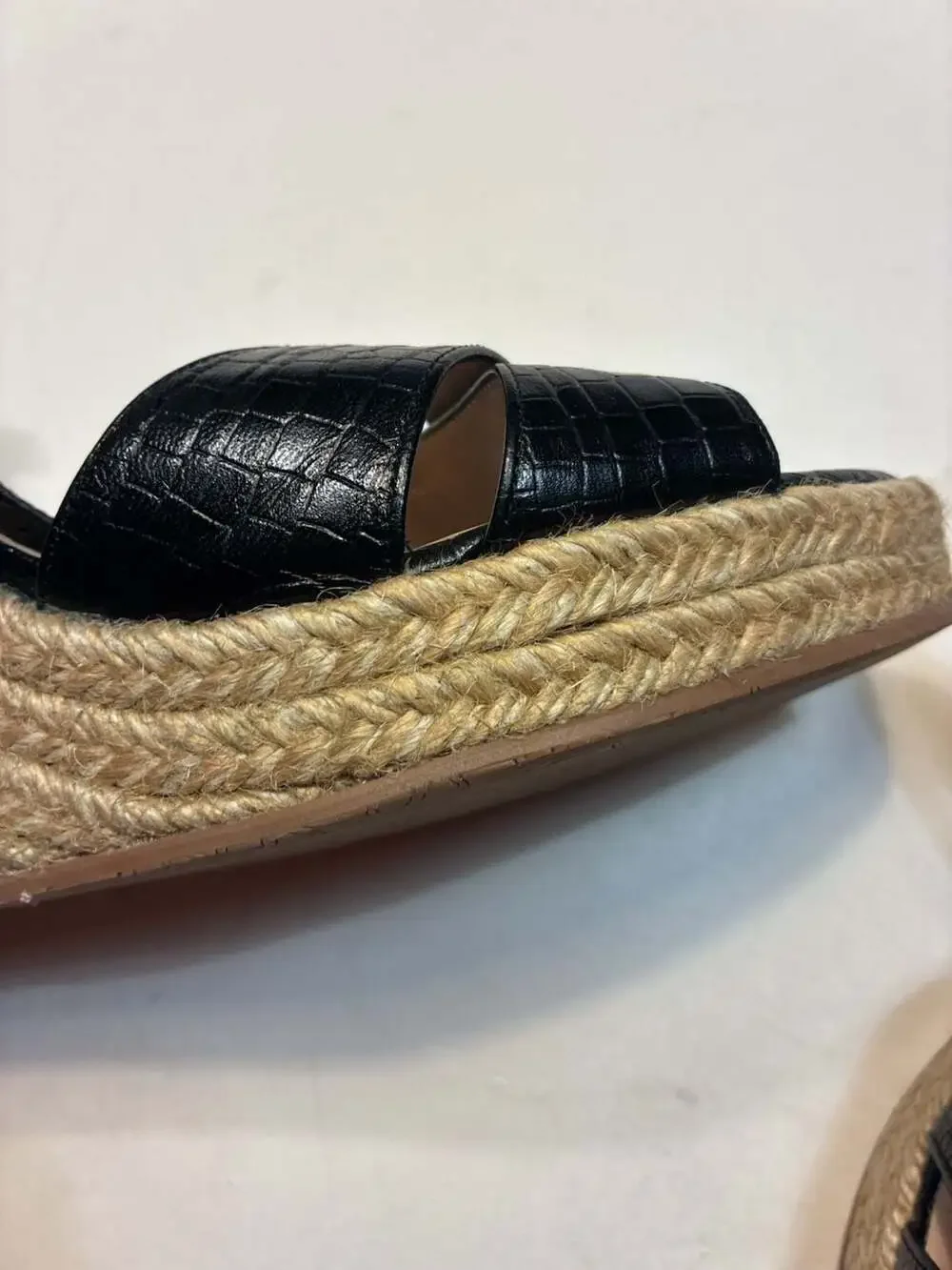 Stuart Weitzman Dayna Black Croc-Embossed Leather Espadrille Wedge Sandals